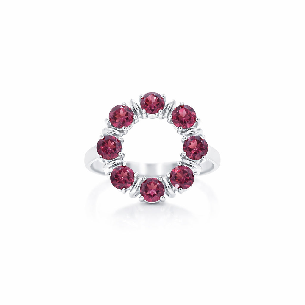 Seven Days of Love Garnet Circle 7 Round Stone Prong Set Sterling Silver Designer Ring