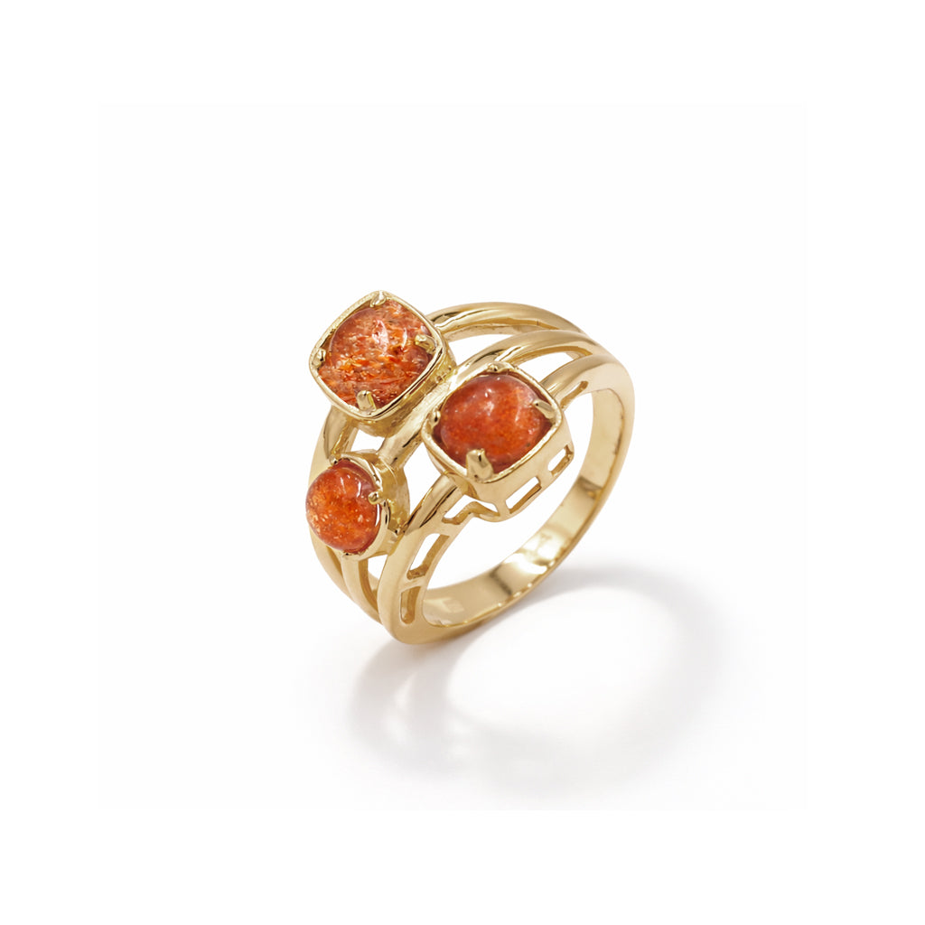 Sunstone Round Cabochon Three Stone Cocktail Three Layer Designer Ring