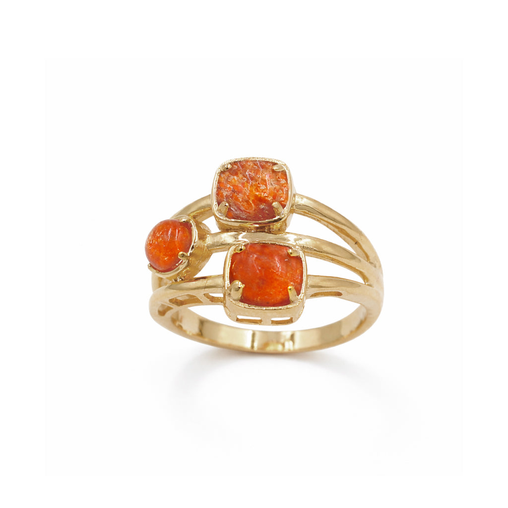 Sunstone Round Cabochon Three Stone Cocktail Three Layer Designer Ring