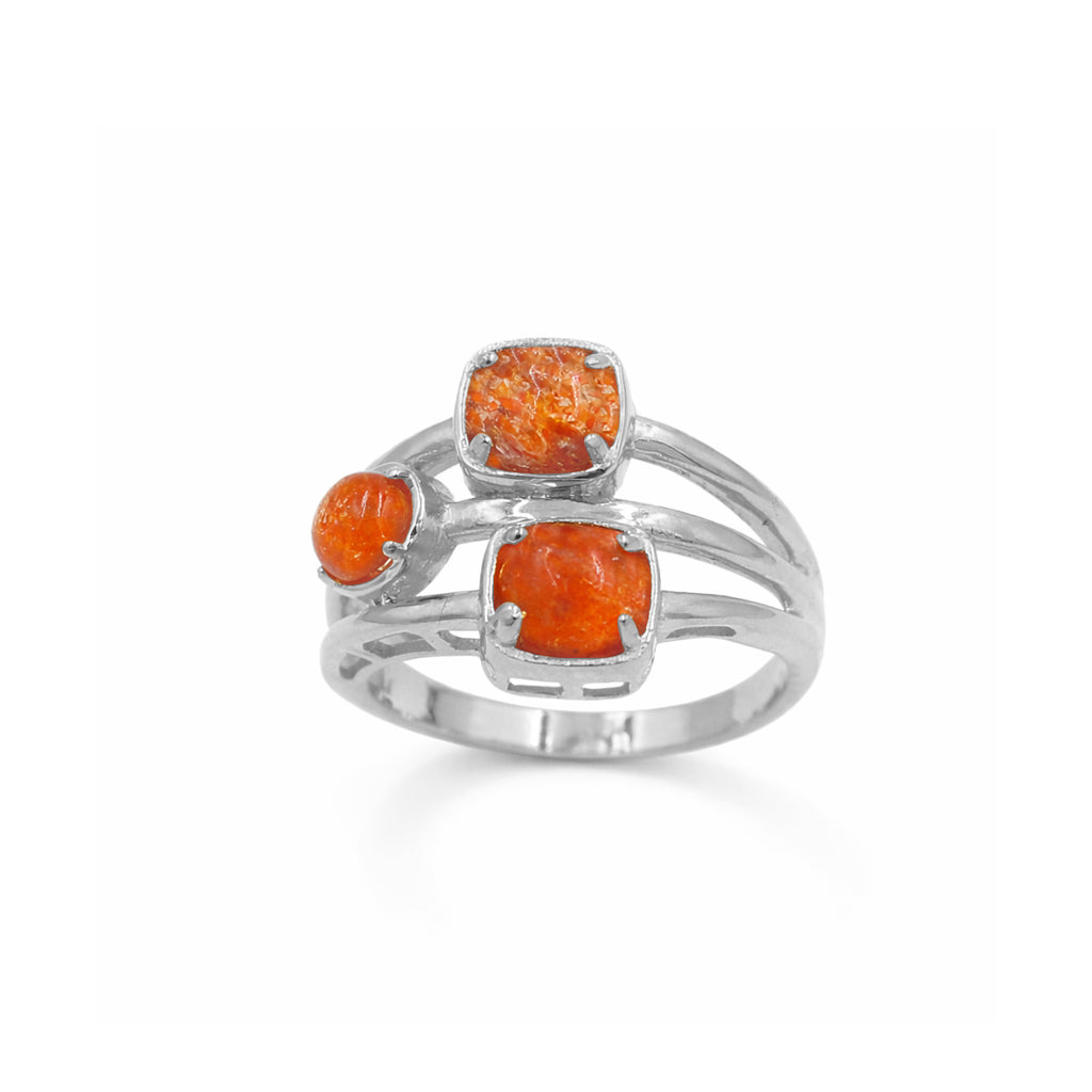 Sunstone Round Cabochon Three Stone Cocktail Three Layer Designer Ring