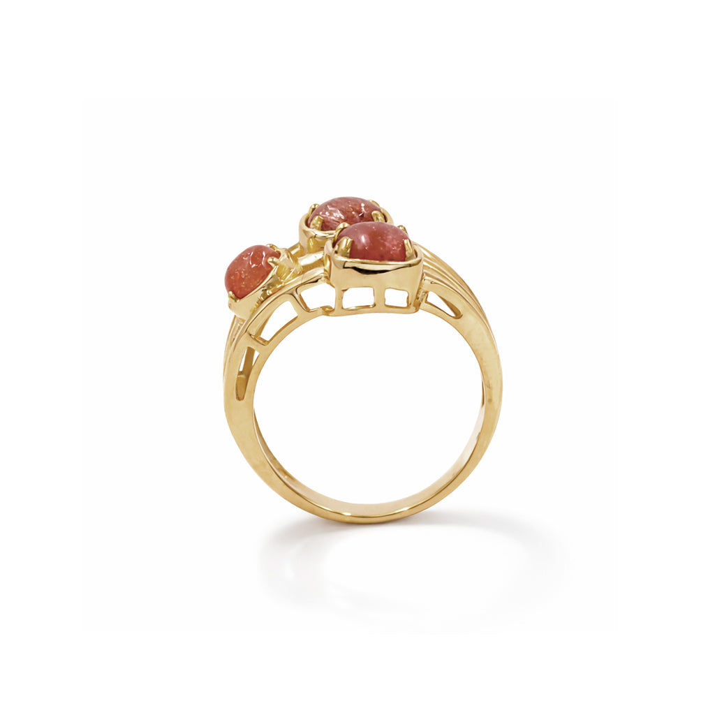 Sunstone Round Cabochon Three Stone Cocktail Three Layer Designer Ring