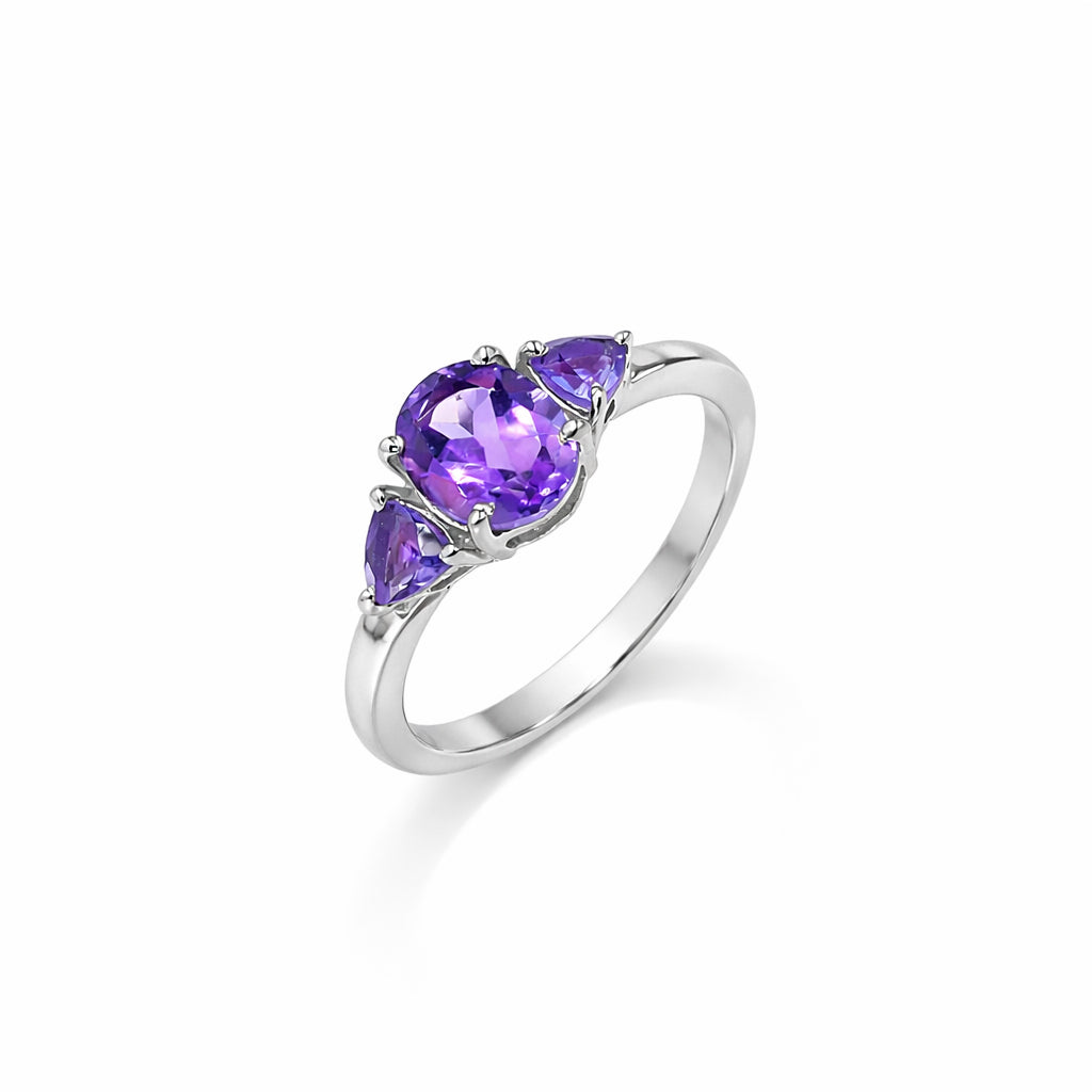 Amethyst Oval and Trillion Three Stone Ring Sterling Silver 925 Prong Set