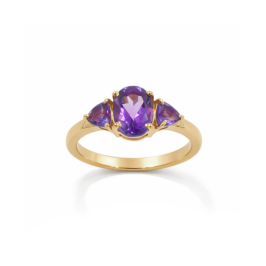 Amethyst Oval and Trillion Three Stone Ring Sterling Silver 925 Prong Set