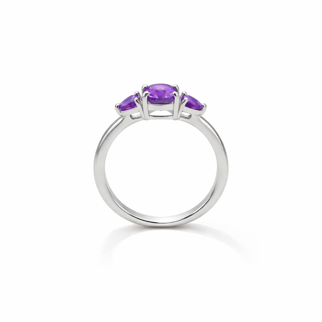 Amethyst Oval and Trillion Three Stone Ring Sterling Silver 925 Prong Set