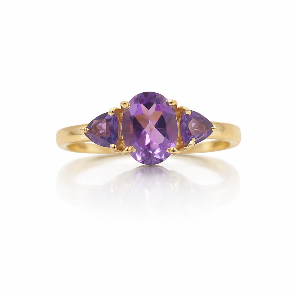 Amethyst Oval and Trillion Three Stone Ring Sterling Silver 925 Prong Set