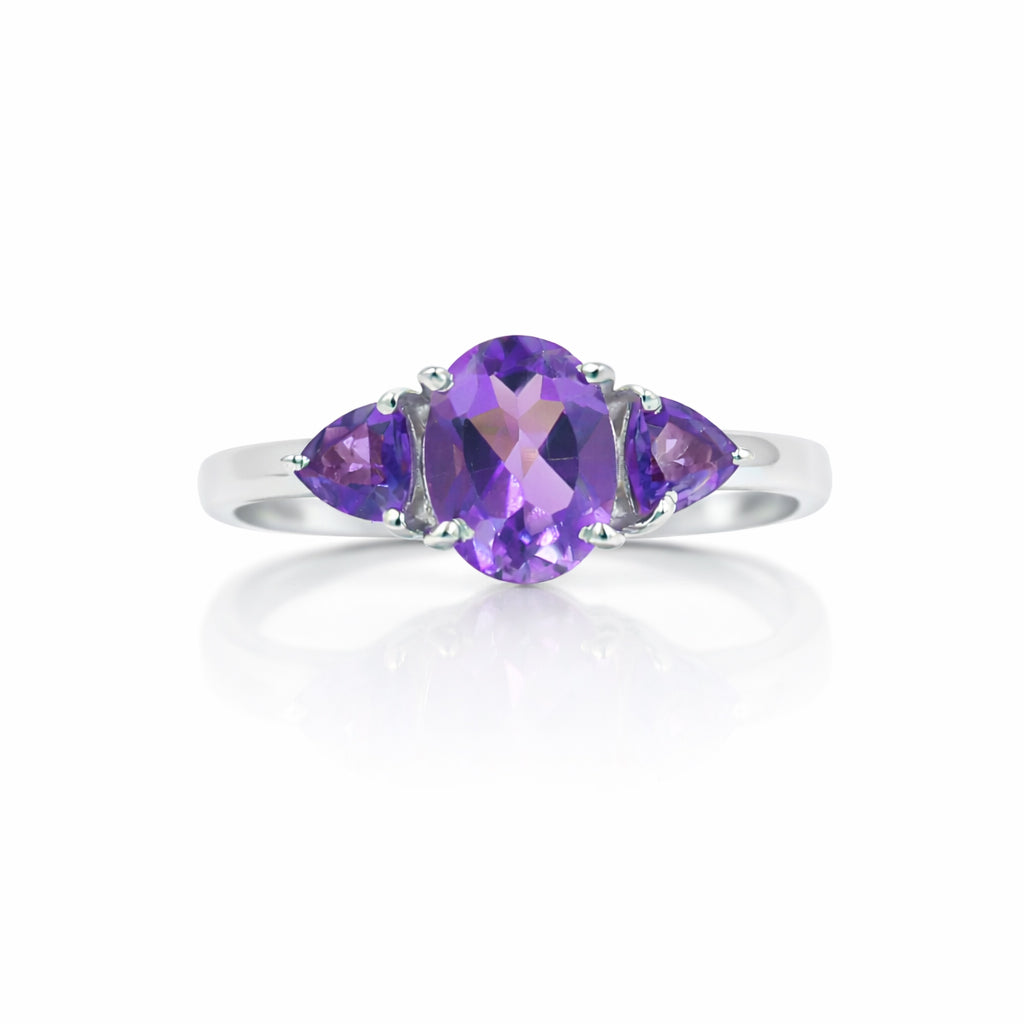 Amethyst Oval and Trillion Three Stone Ring Sterling Silver 925 Prong Set