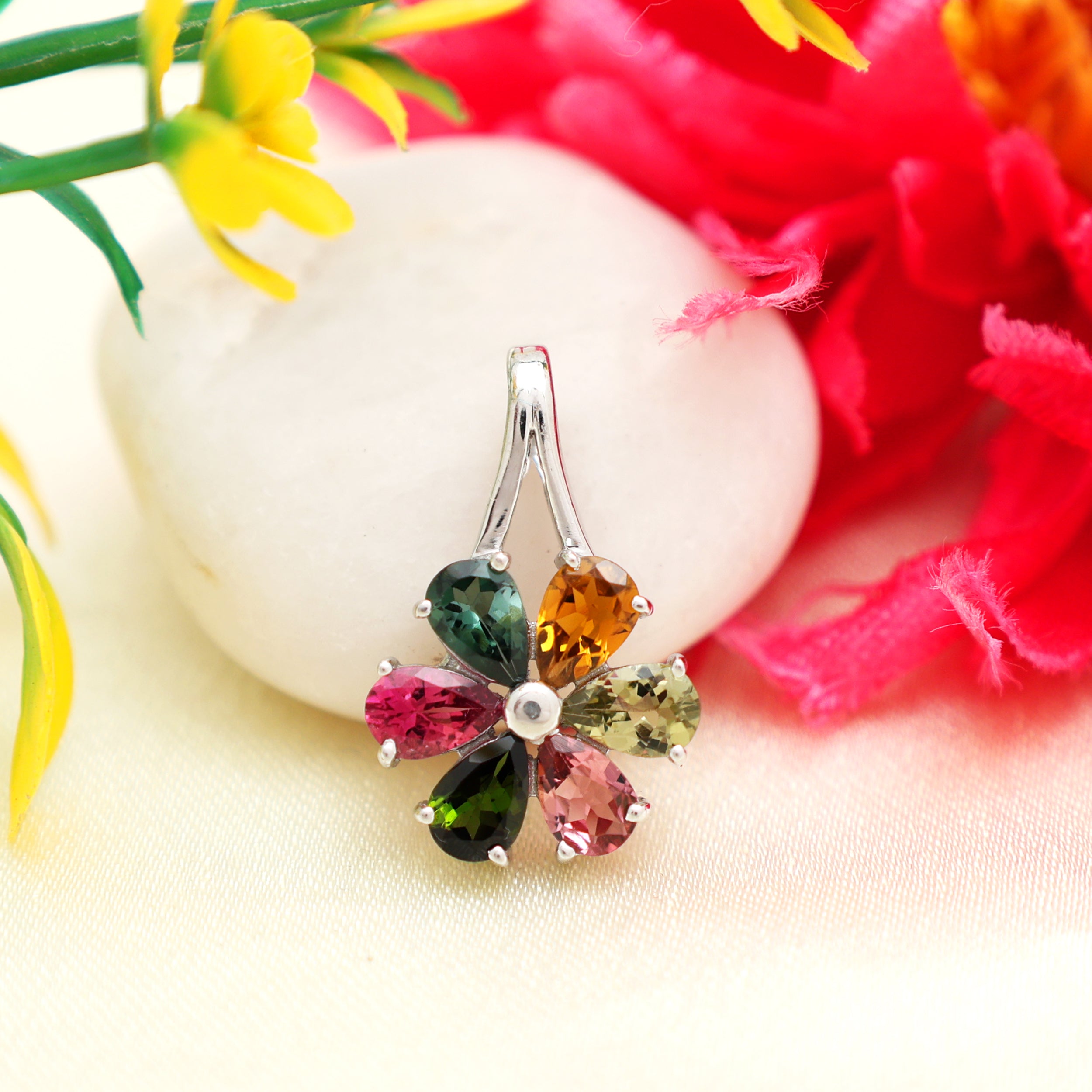 Multi Tourmaline Pear Pendant with Prong Setting