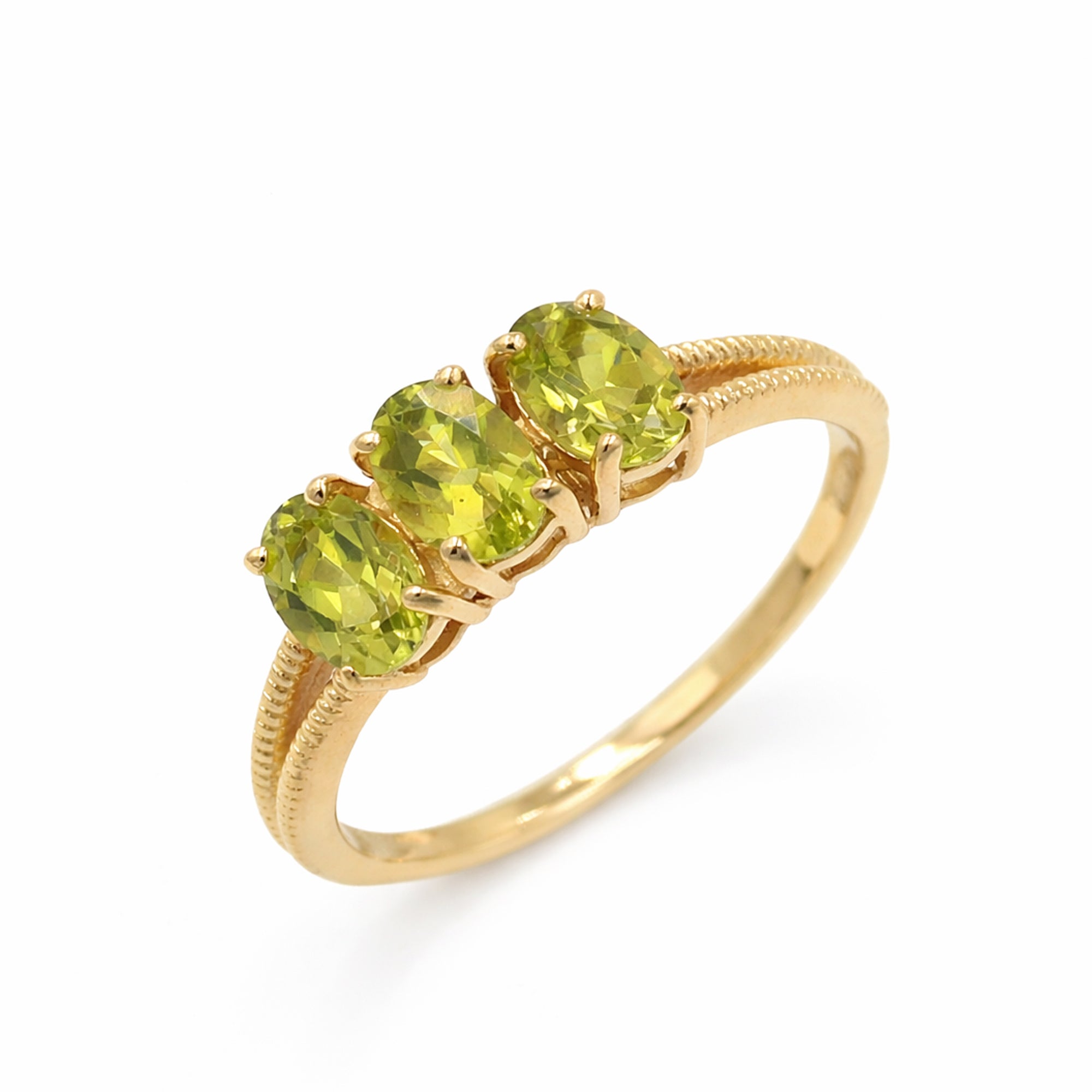 Three Oval Peridot Ring with V-Shape Band in 925 Silver