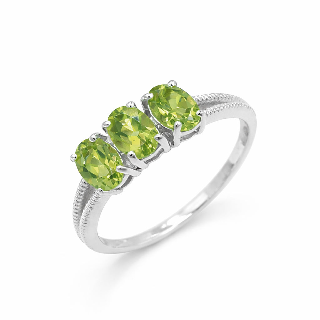 Three Oval Peridot Ring with V-Shape Band in 925 Silver
