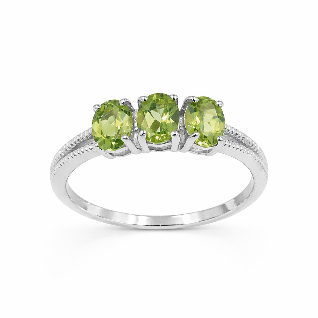 Three Oval Peridot Ring with V-Shape Band in 925 Silver