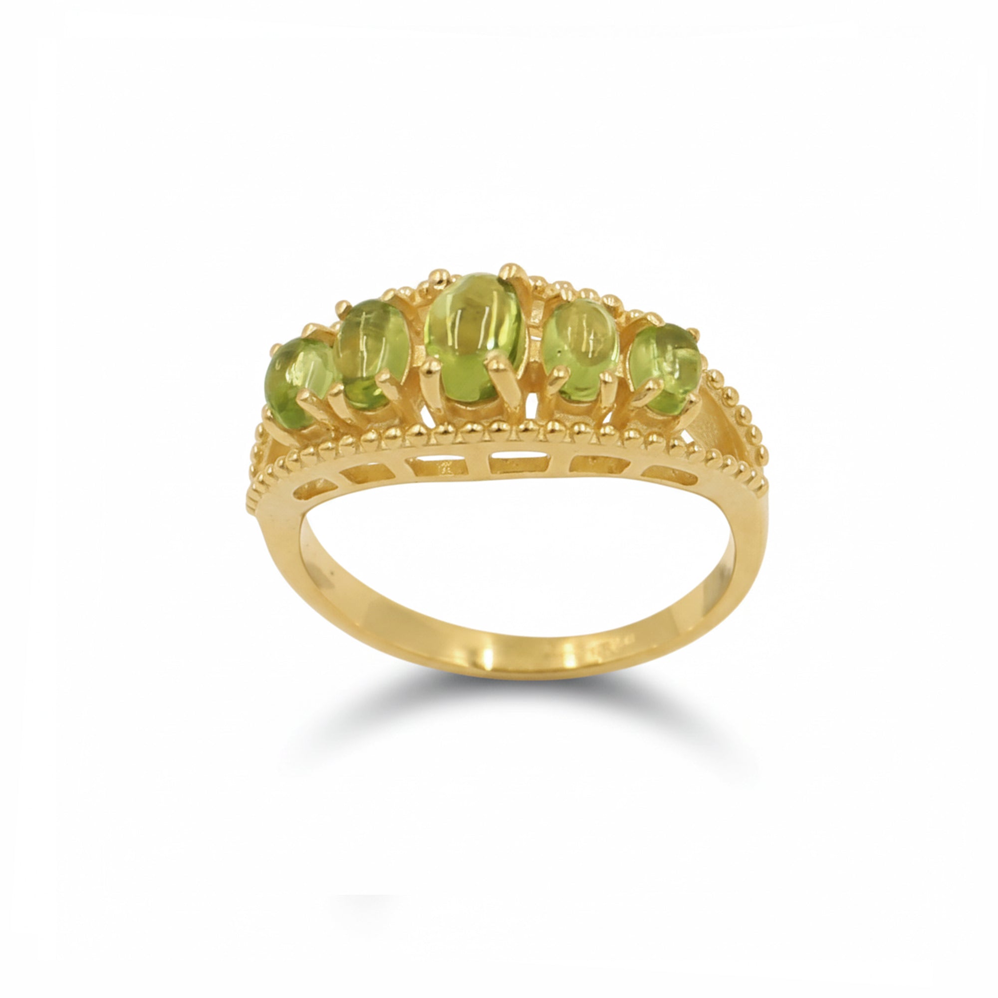 Three Eye Goddess Peridot Cabochon Ring in 925 Silver