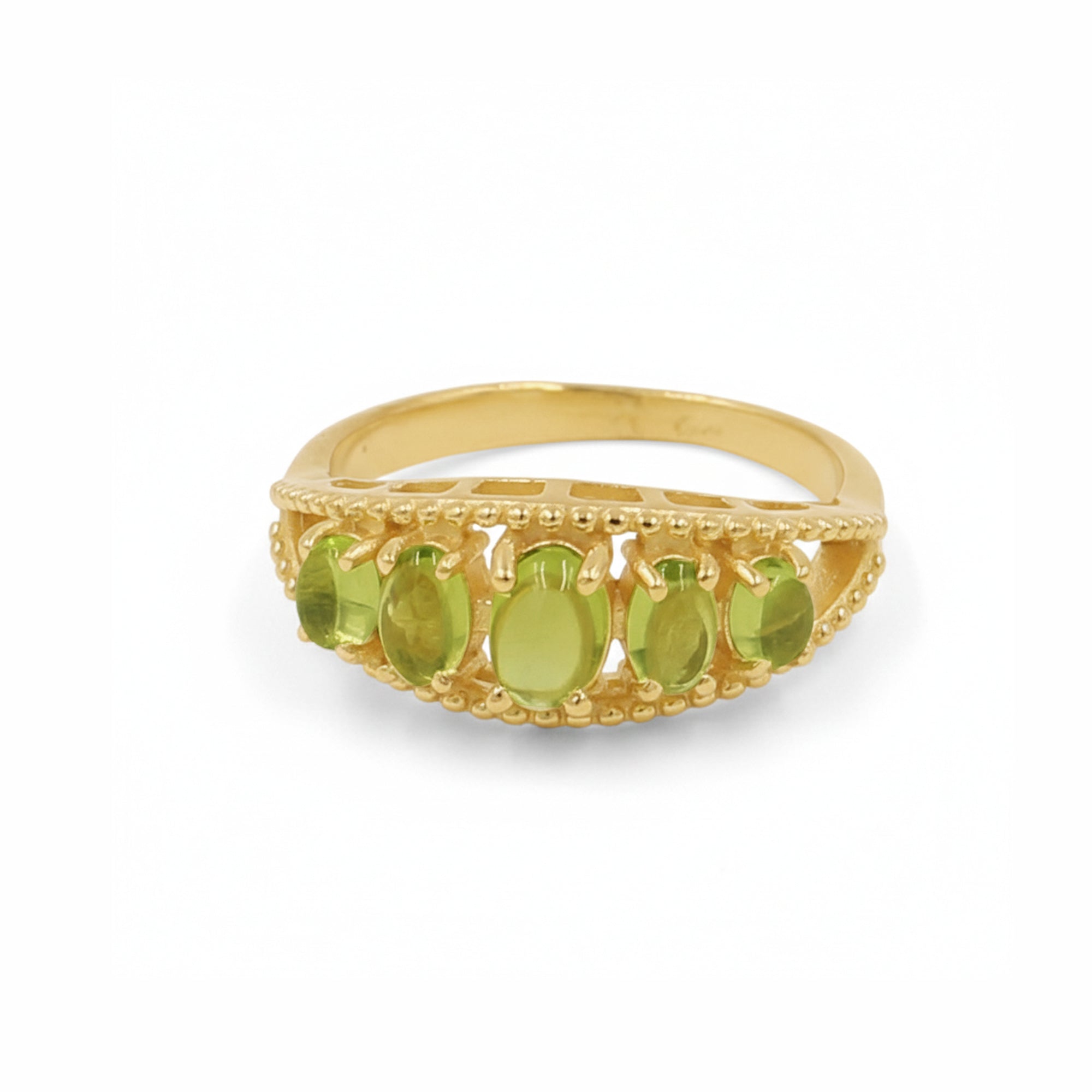 Three Eye Goddess Peridot Cabochon Ring in 925 Silver