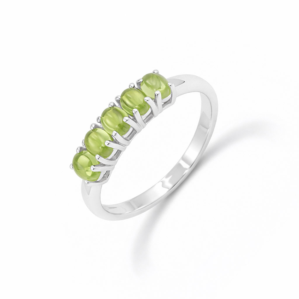 Five Stone Oval Peridot Cabochon Ring in 925 Silver