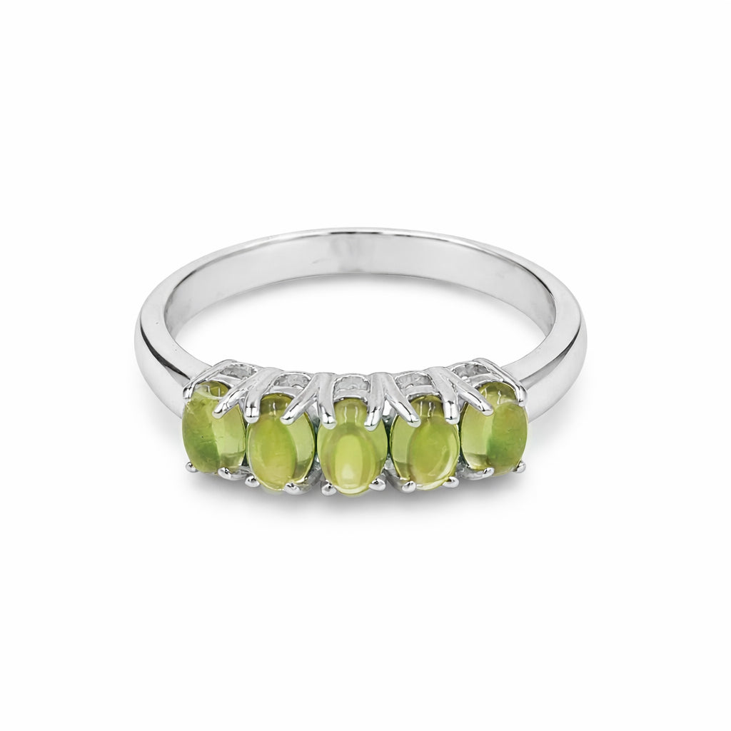 Five Stone Oval Peridot Cabochon Ring in 925 Silver