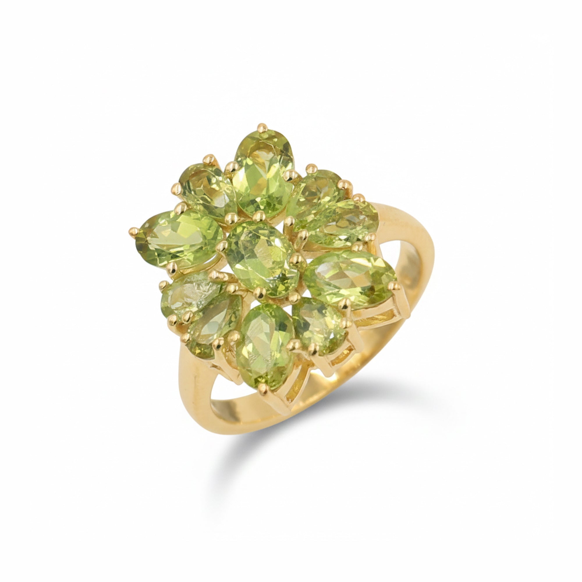 925 Silver Peridot Flower Ring with Oval & Pear Shape Green Gemstones