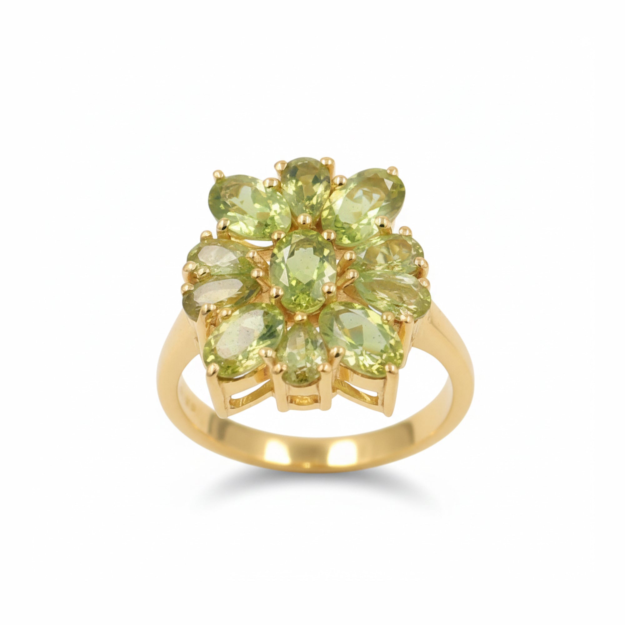 925 Silver Peridot Flower Ring with Oval & Pear Shape Green Gemstones