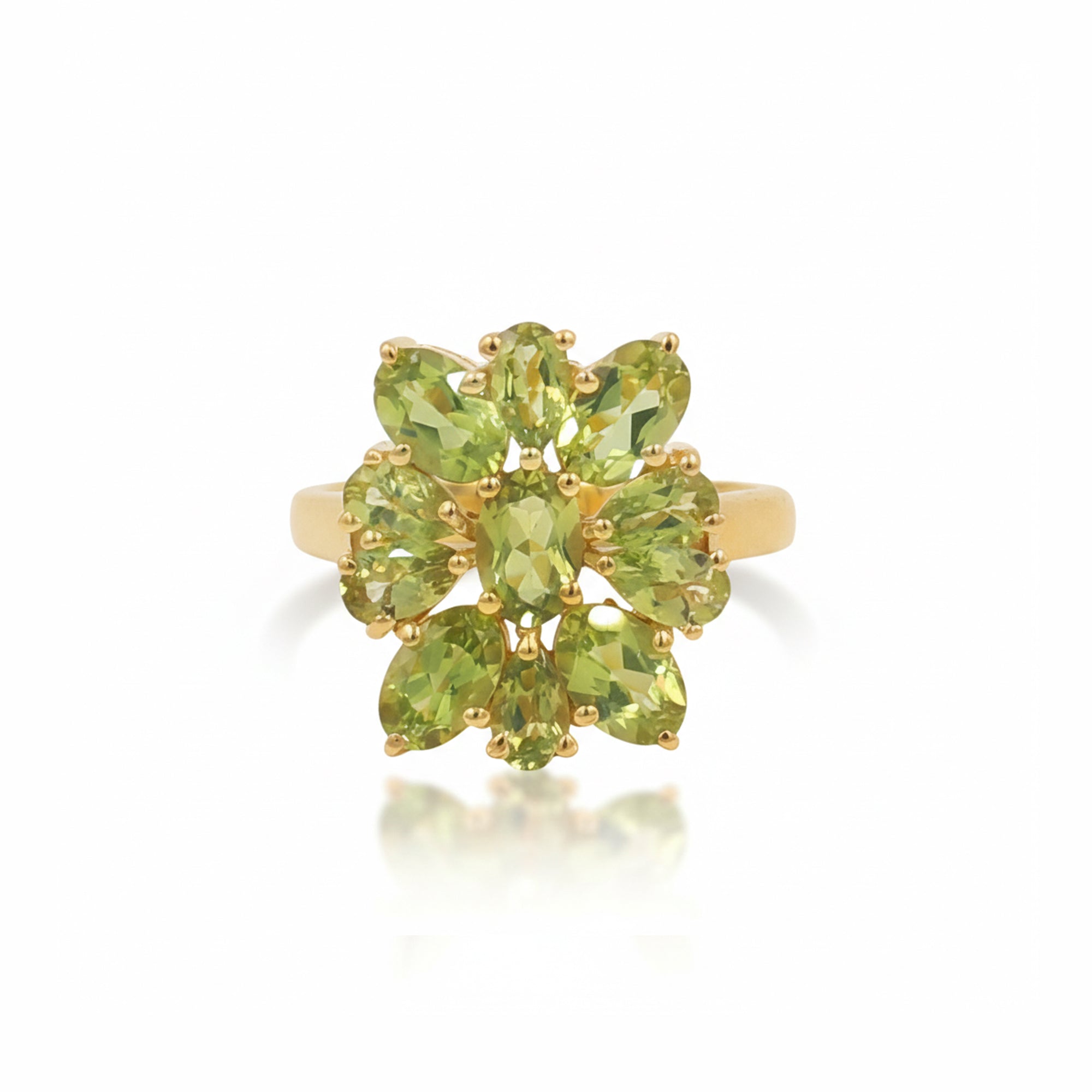 925 Silver Peridot Flower Ring with Oval & Pear Shape Green Gemstones