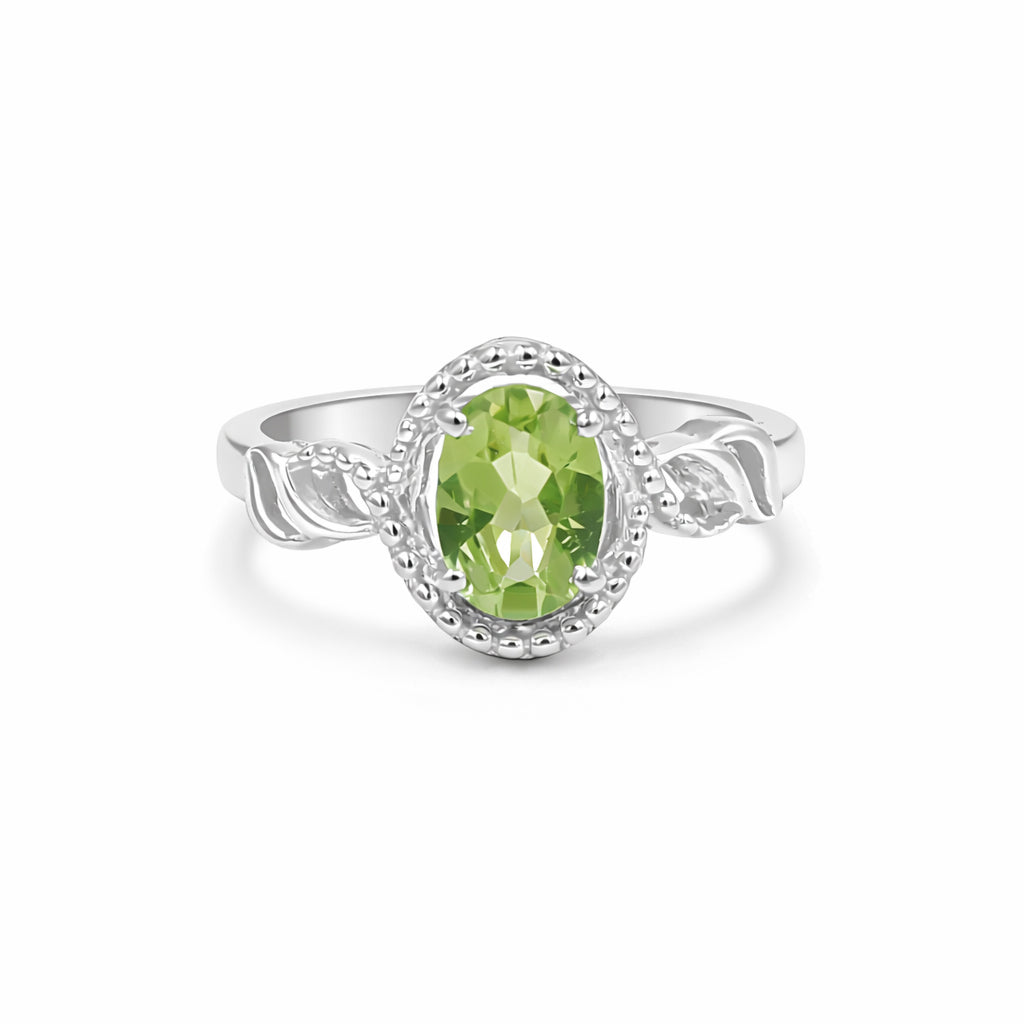 925 Silver Peridot Oval Classic Ring with Fancy Band Design