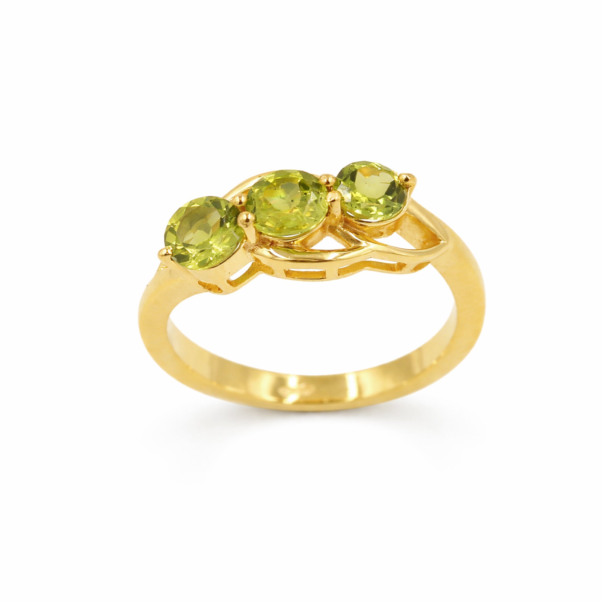 925 Silver Three-Stone Peridot Ring with Round Green Gemstones
