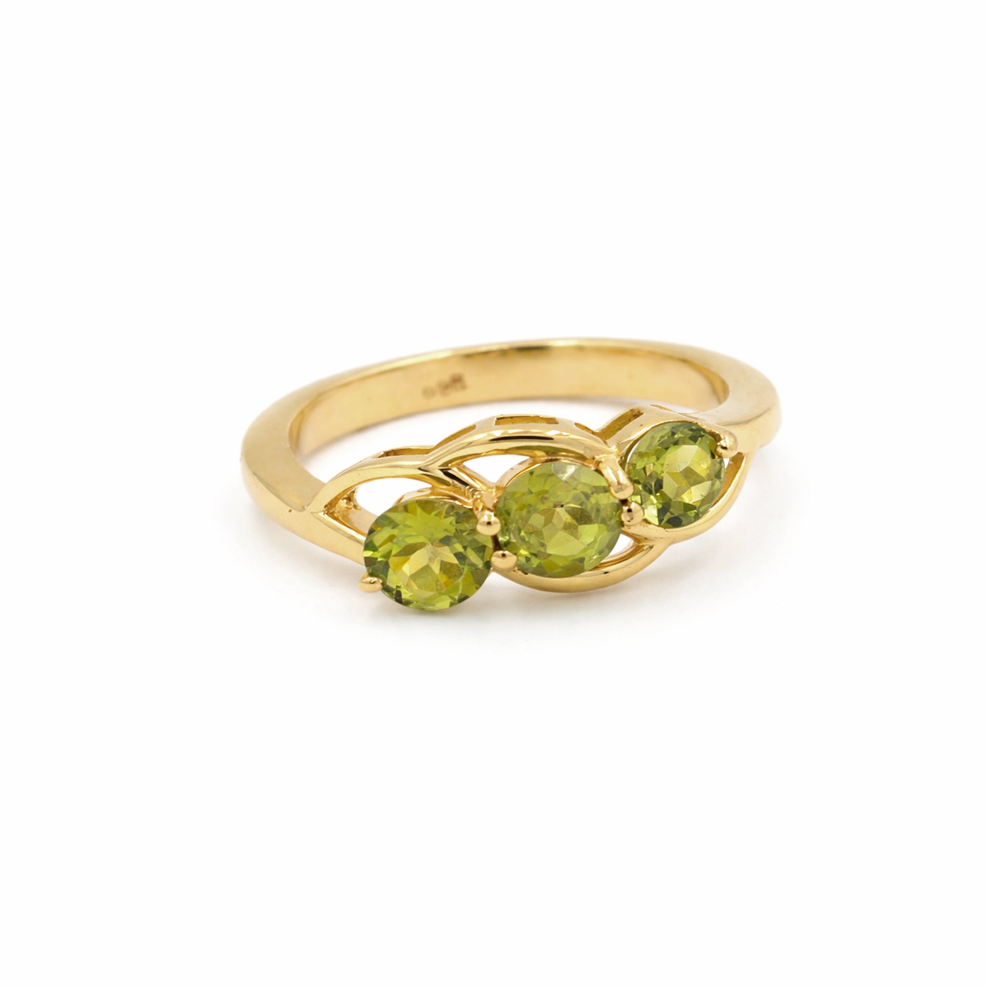 925 Silver Three-Stone Peridot Ring with Round Green Gemstones