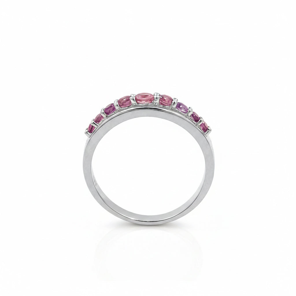 Rhodolite Garnet 9 Stone Bar Round Cut Graduated Design in Sterling Silver 925 Ring