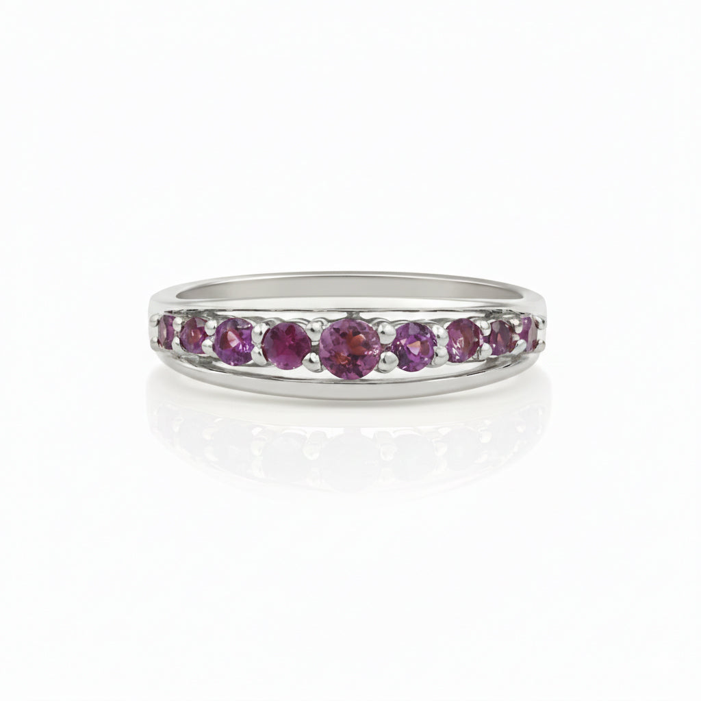 Rhodolite Garnet 9 Stone Bar Round Cut Graduated Design in Sterling Silver 925 Ring