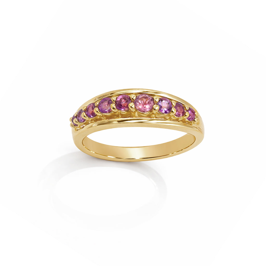 Rhodolite Garnet 9 Stone Bar Round Cut Graduated Design in Sterling Silver 925 Ring