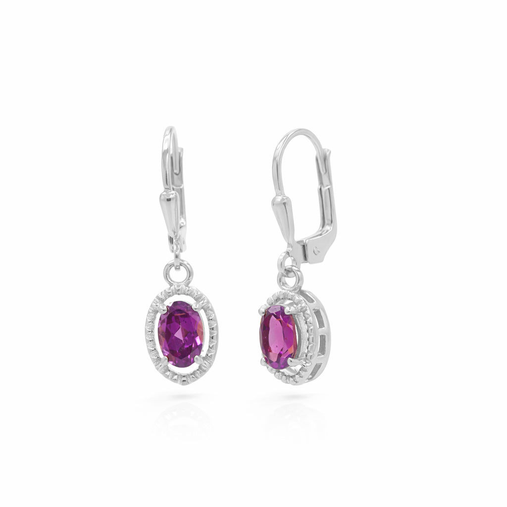 Rhodolite Garnet Oval Drop Earrings – Fancy Border Prong Set Sterling Silver 925 Designer Earrings