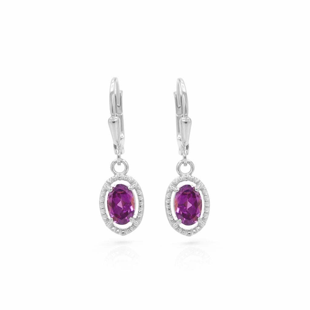 Rhodolite Garnet Oval Drop Earrings – Fancy Border Prong Set Sterling Silver 925 Designer Earrings