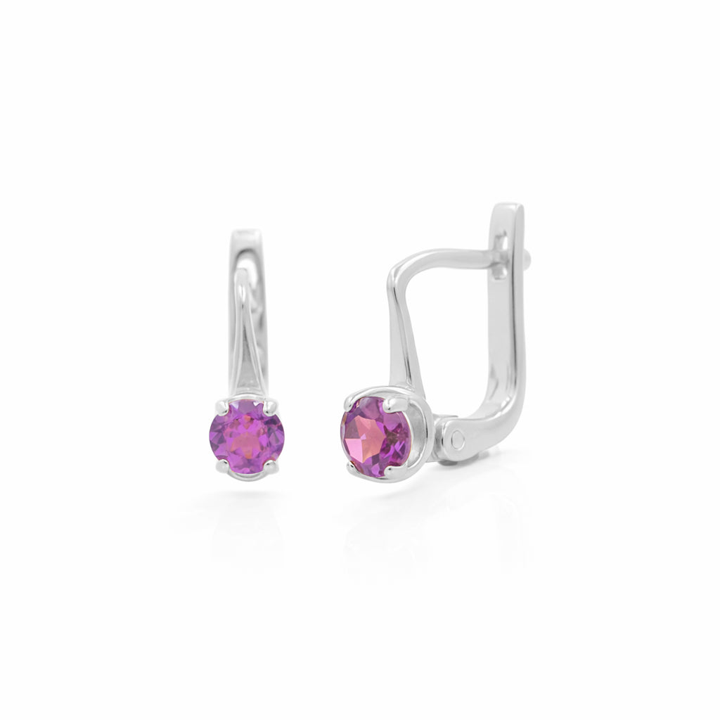 Rhodolite Garnet Round Earrings – Solitaire Prong Set Latch Lock Sterling Silver 925 Designer Earrings
