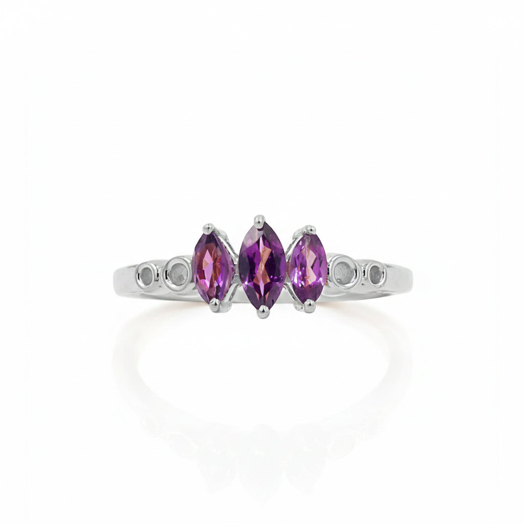 Rhodolite Garnet Marquise Three Stone Fancy Band Sterling Silver 925 Designer Ring