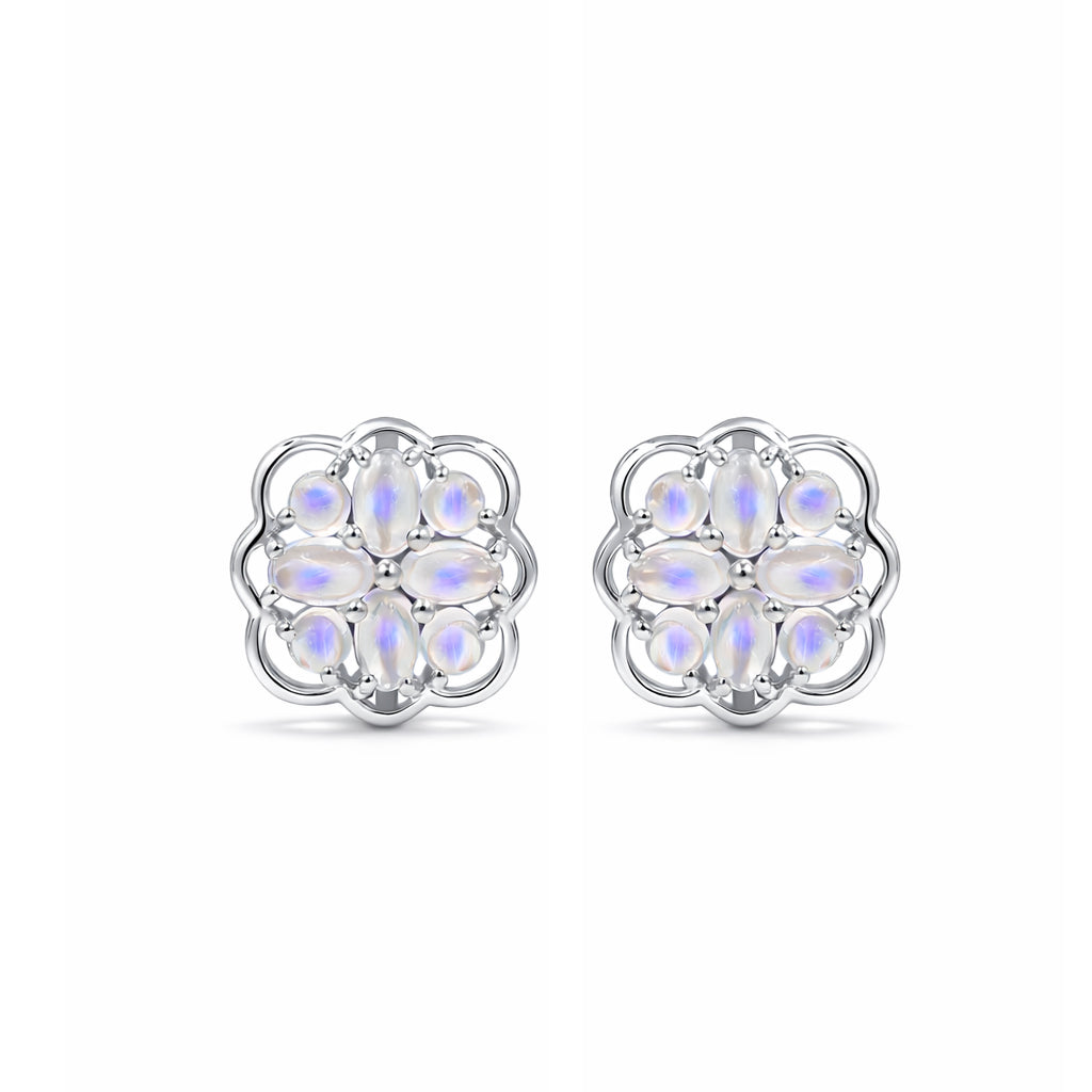 Rainbow Moonstone Cabochon Vintage Floral Stud Earrings in 925 Sterling Silver Round and Oval Stone Design