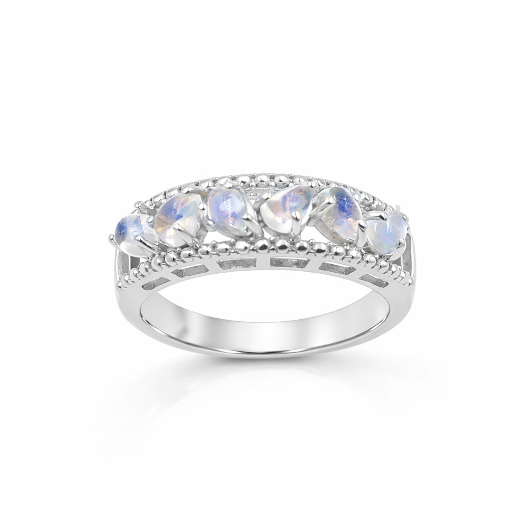 Rainbow Moonstone Pear Cabochon Six Stone Ring in 925 Sterling Silver