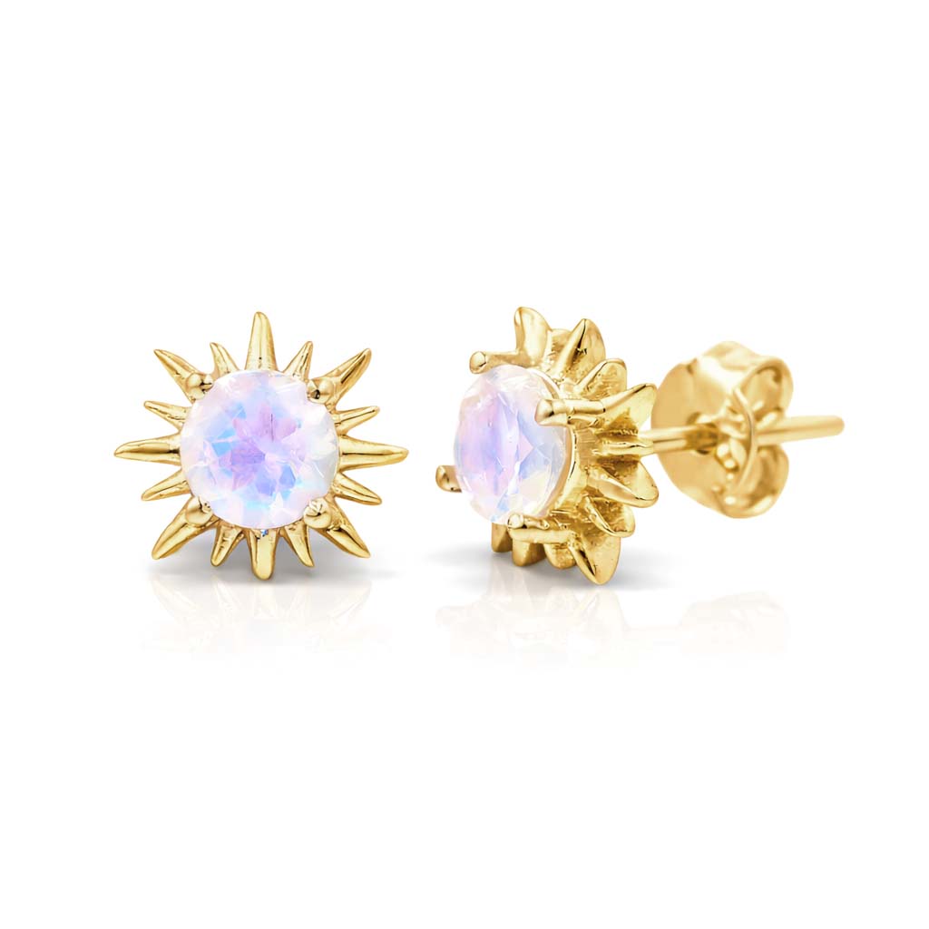 Rainbow Moonstone Round Sunburst Stud Earrings in 925 Sterling Silver