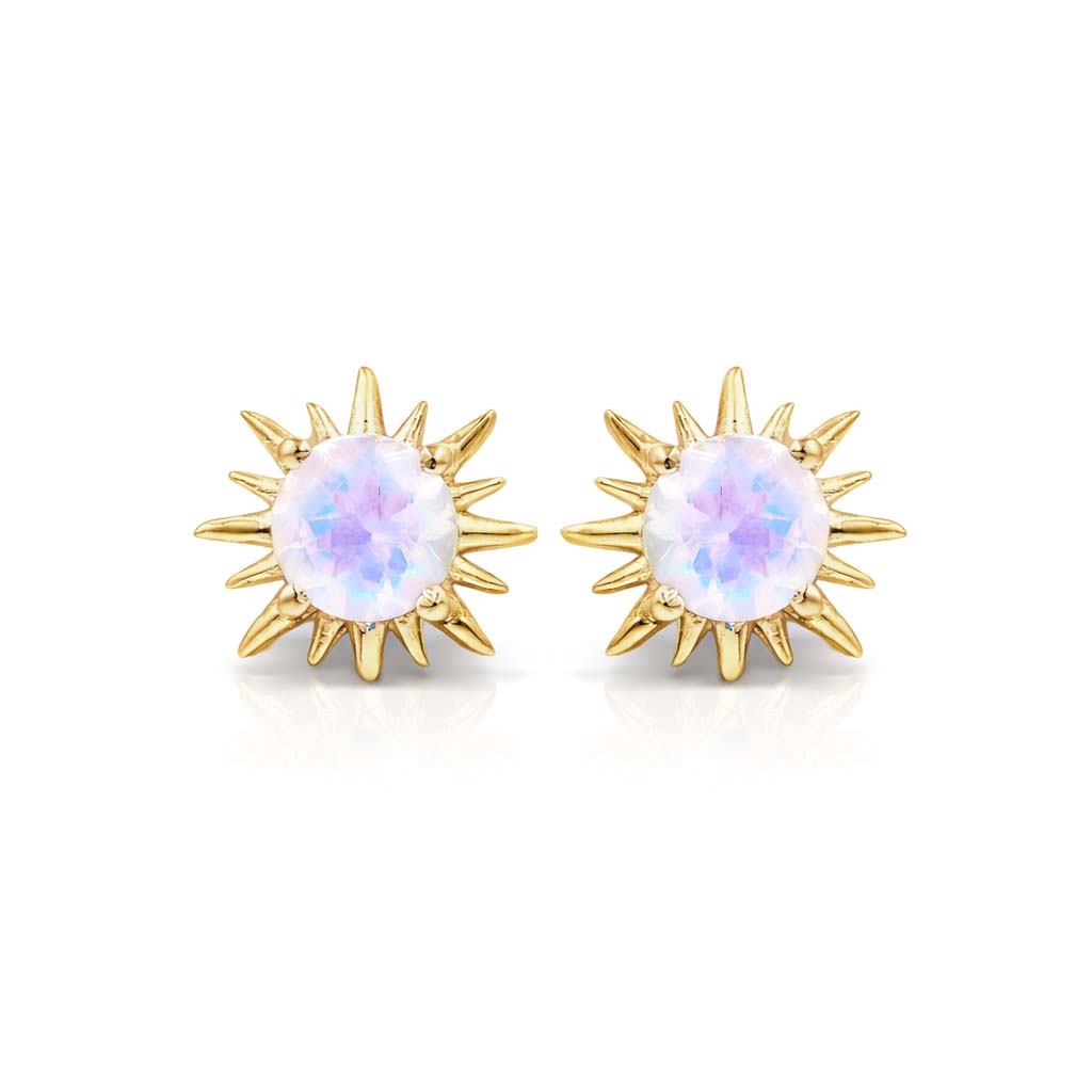 Rainbow Moonstone Round Sunburst Stud Earrings in 925 Sterling Silver