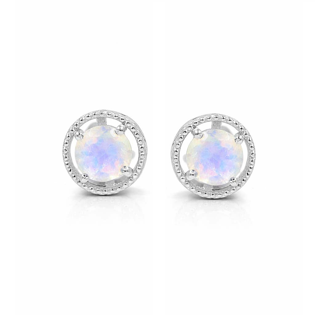 Rainbow Moonstone Round Cabochon Stud Earrings in 925 Sterling Silver Circular Dotted Halo Design