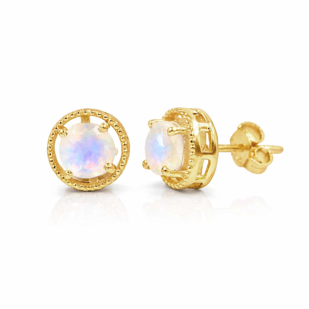Rainbow Moonstone Round Cabochon Stud Earrings in 925 Sterling Silver Circular Dotted Halo Design