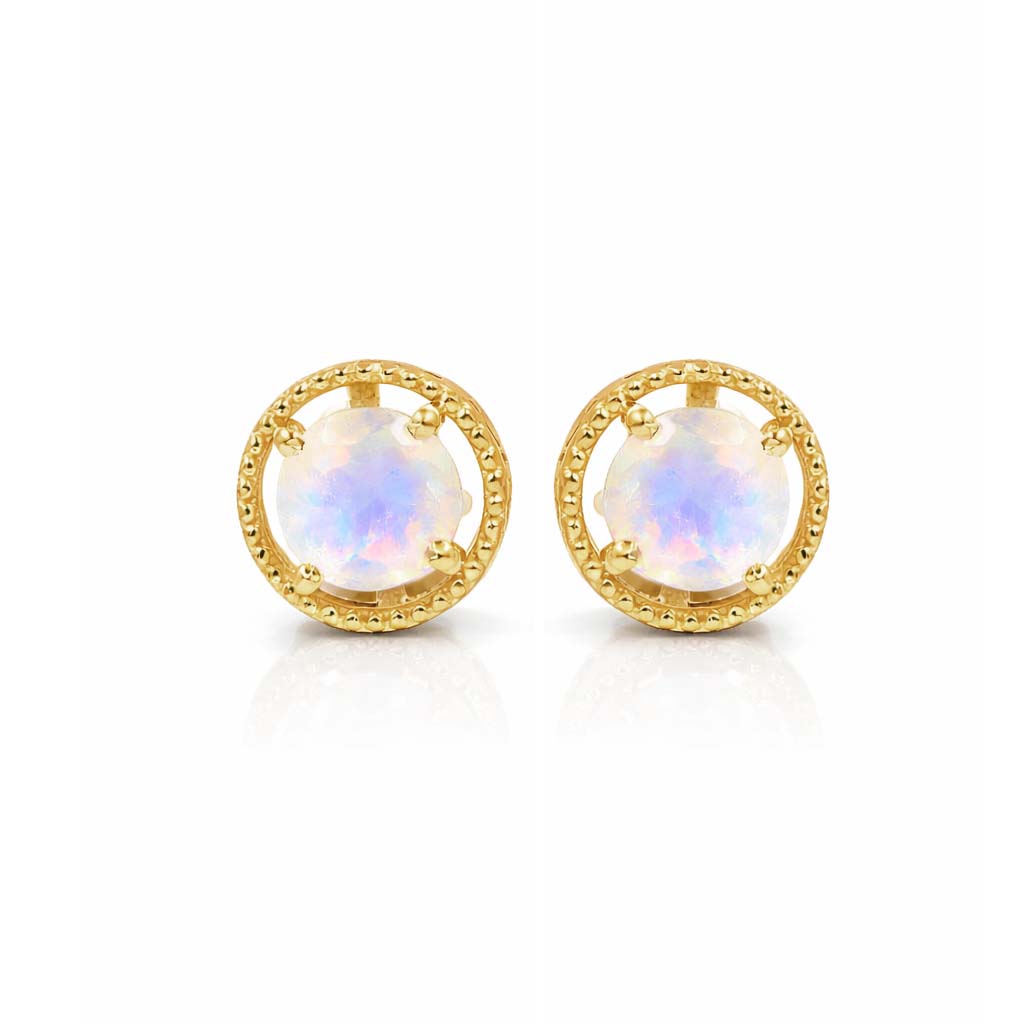 Rainbow Moonstone Round Cabochon Stud Earrings in 925 Sterling Silver Circular Dotted Halo Design