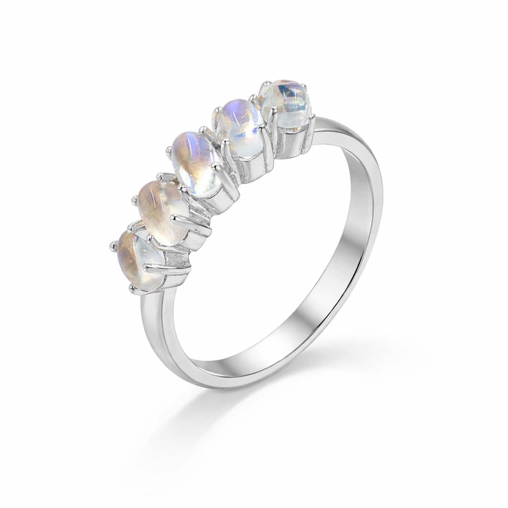 Rainbow Moonstone Oval Cabochon Five Stone Ring in 925 Sterling Silver