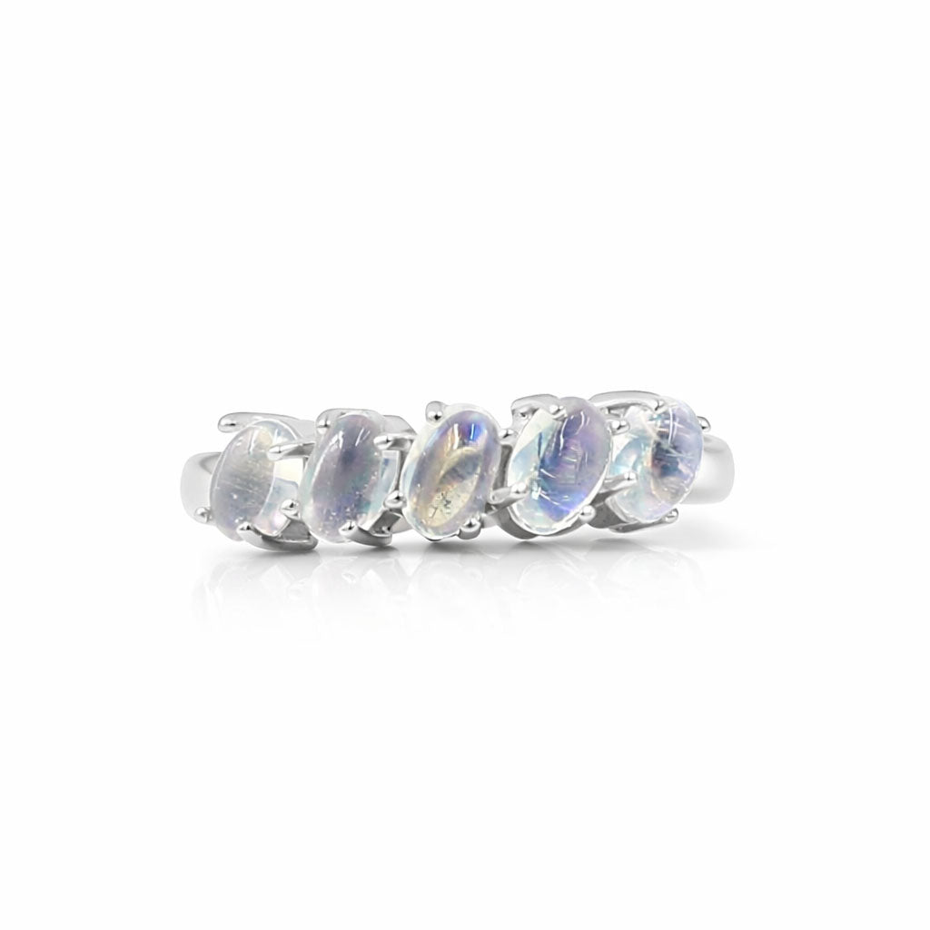 Rainbow Moonstone Oval Cabochon Five Stone Ring in 925 Sterling Silver
