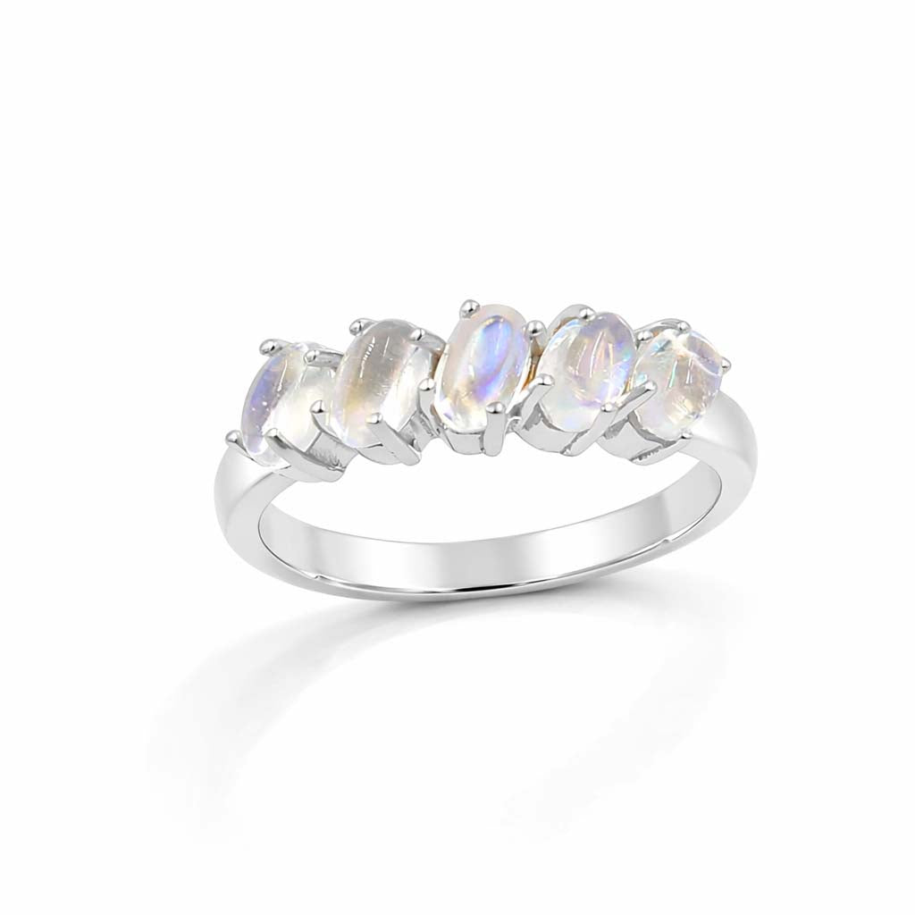 Rainbow Moonstone Oval Cabochon Five Stone Ring in 925 Sterling Silver