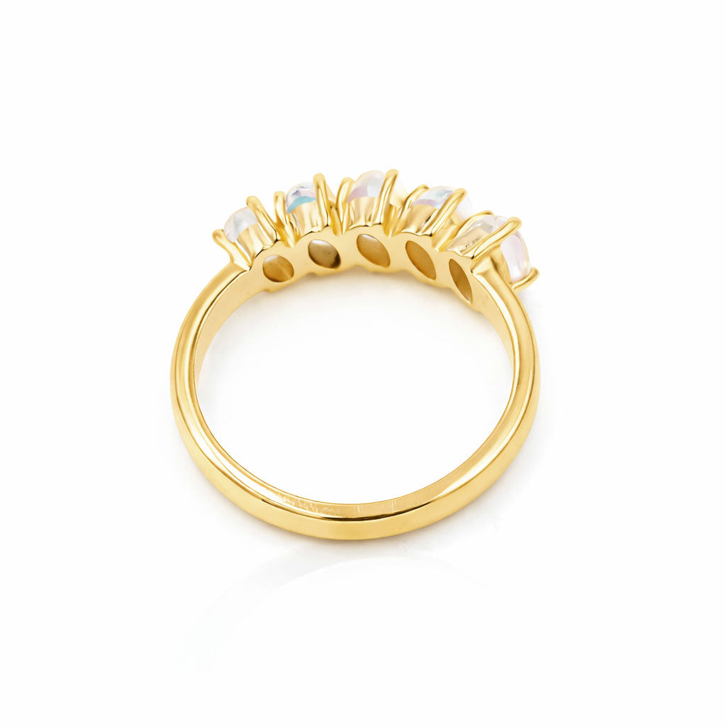 Rainbow Moonstone Oval Cabochon Five Stone Ring in 925 Sterling Silver