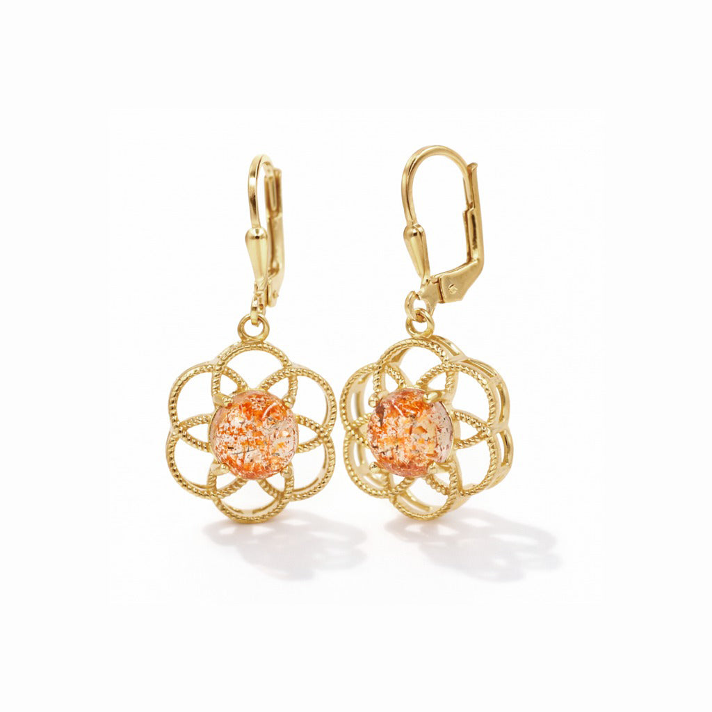 Sunstone Cabochon Mesh Flower Lever Back Earrings Modern Prong Set Gold Plated