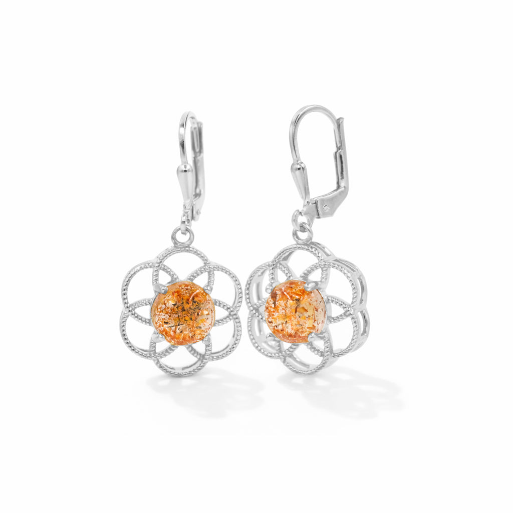 Sunstone Cabochon Mesh Flower Lever Back Earrings Modern Prong Set Gold Plated