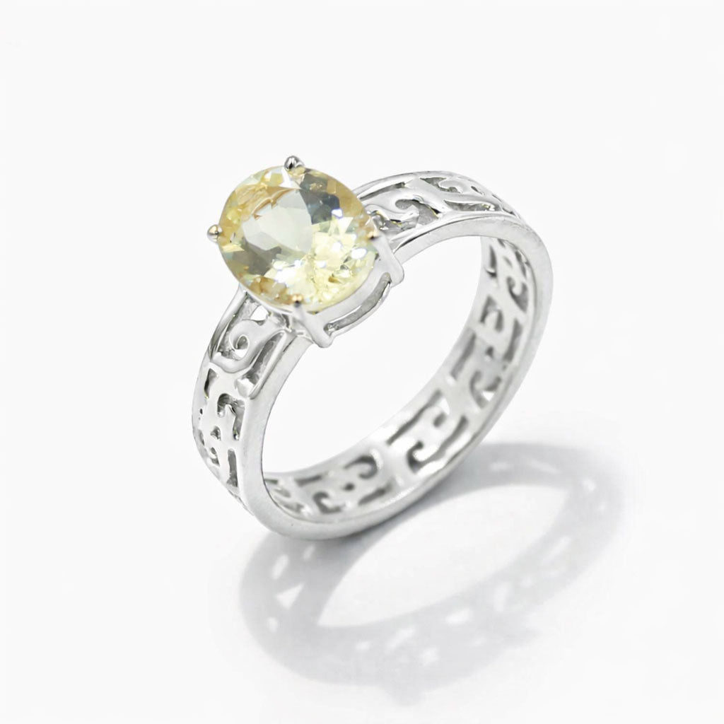 Yellow Aquamarine Oval Cut Emboss Band Designer Ring in 925 Sterling Silver