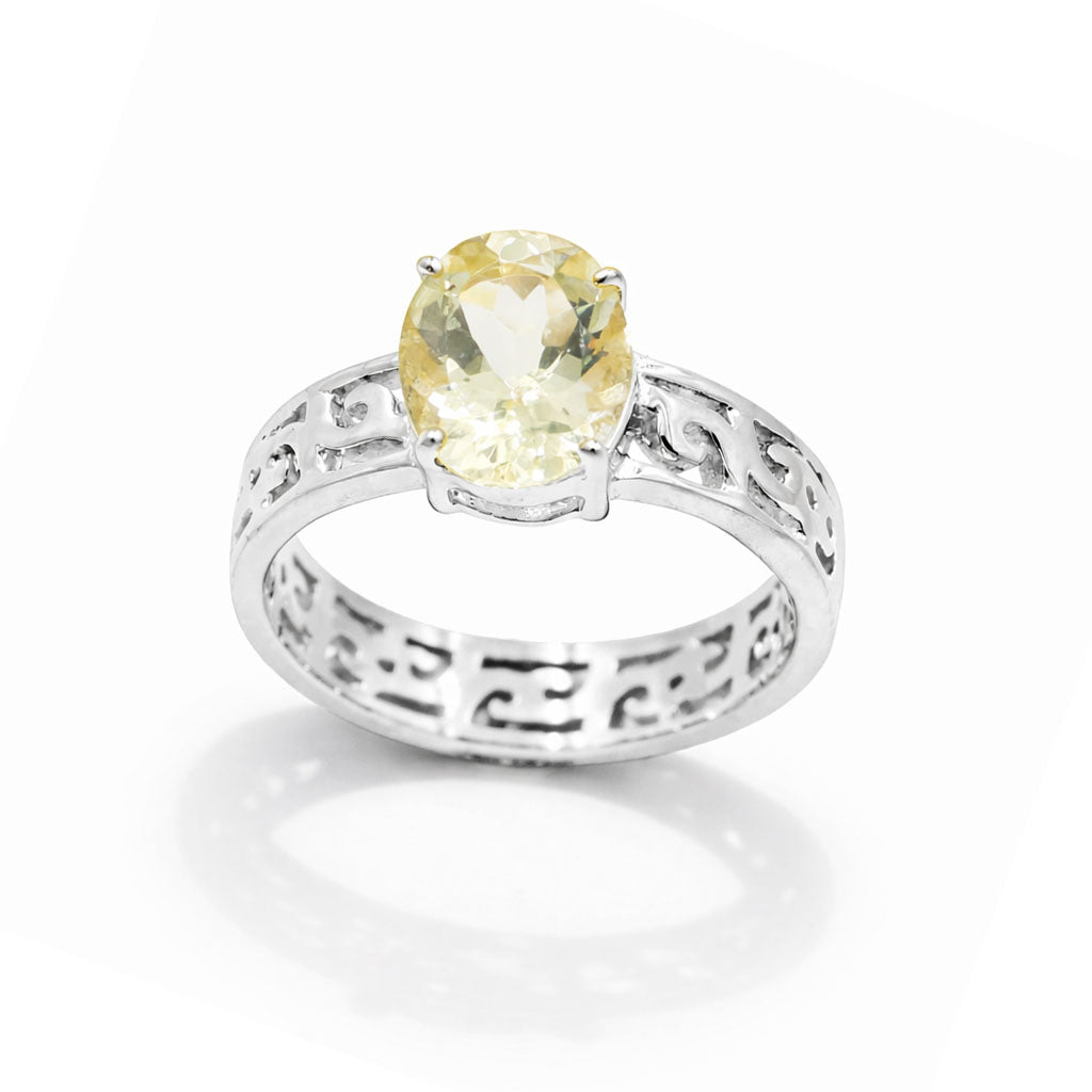 Yellow Aquamarine Oval Cut Emboss Band Designer Ring in 925 Sterling Silver