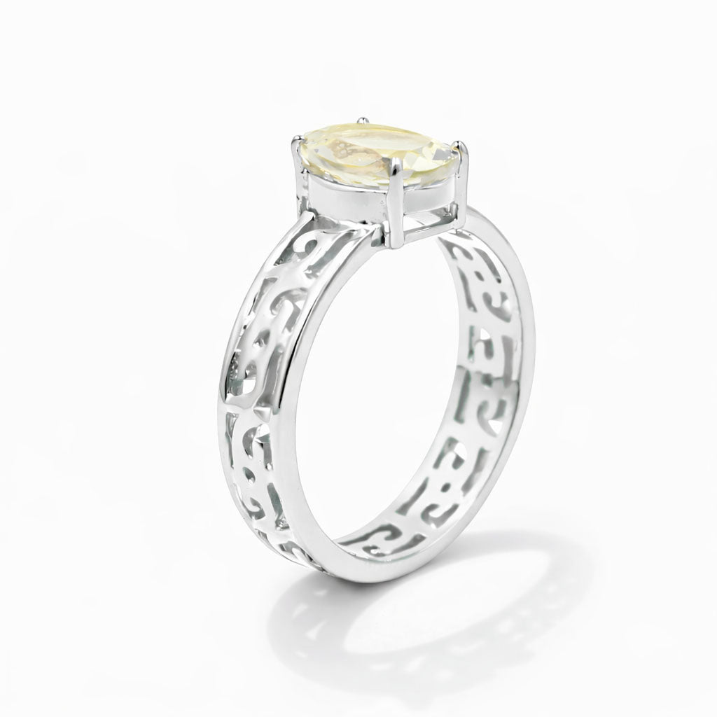 Yellow Aquamarine Oval Cut Emboss Band Designer Ring in 925 Sterling Silver