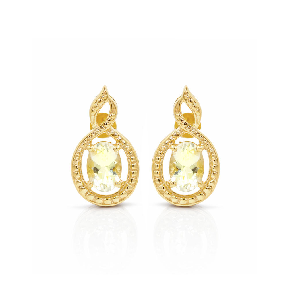 Yellow Aquamarine Oval Cut Vintage Inspired Stud Earrings in 925 Sterling Silver Dotted Surround Design