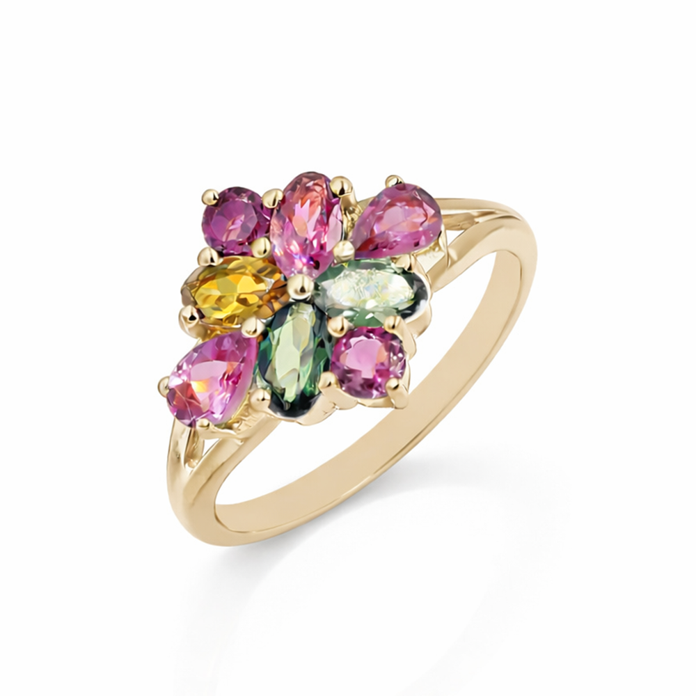 Luxury Multi Tourmaline Summer Flower Ring in 925 Sterling Silver