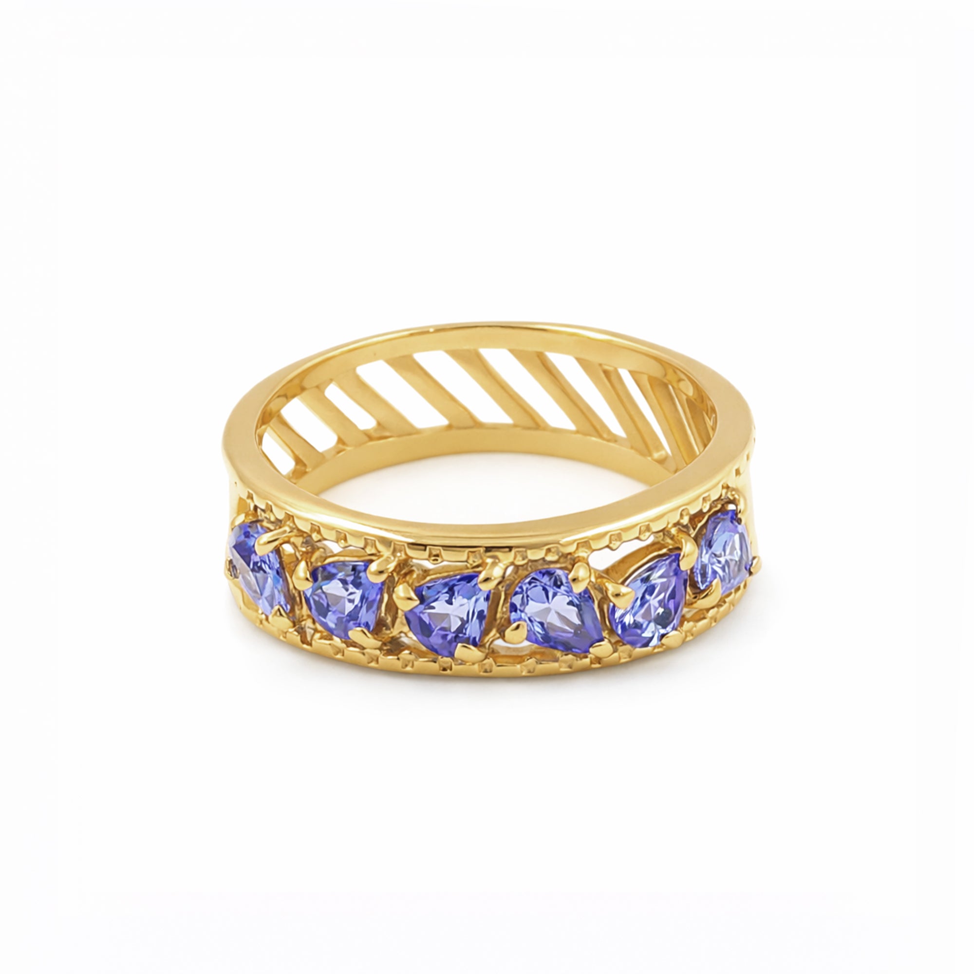 Tanzanite Five Pear Stone Ring in 925 Sterling Silver Straight Style Designer Band